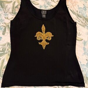 INC International Concepts Black Tank Top with Gold Fleur-de-Lis